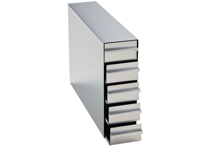 Metal freezer racks designed for ULT lab freezers.