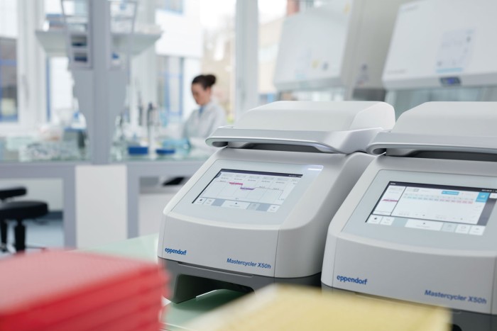 Two Eppendorf Mastercycler X50h with touchscreen interface located at the bench of a laboratory.