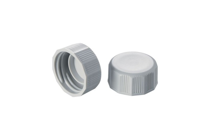 Two grey lids of conical vessels for usage in the laboratory.