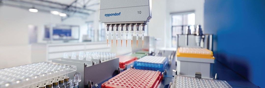 Automated liquid handling system of Eppendorf with accessories.