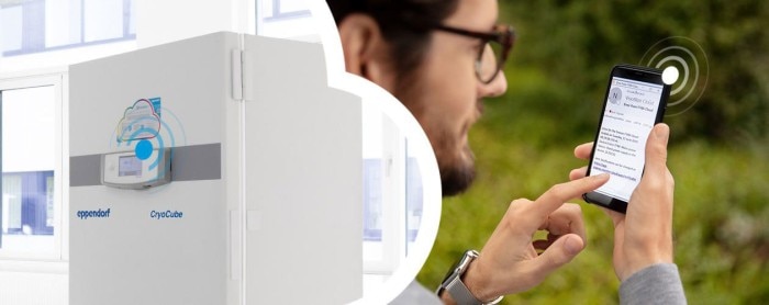 Man using a phone to remotely monitor the temperature of the freezer in the laboratory.