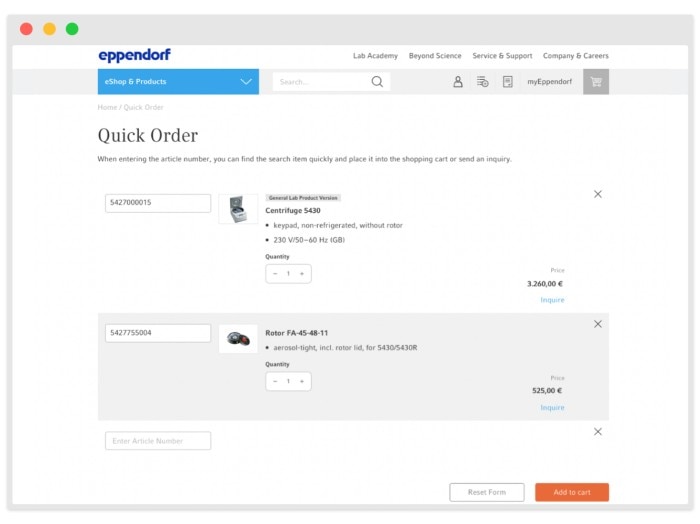 Screenshot of website showing new quick order feature