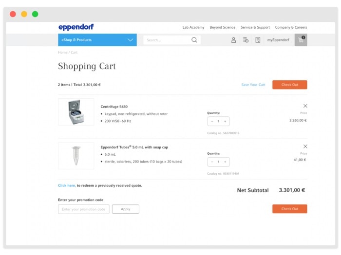 Screenshot of website showing new shopping cart