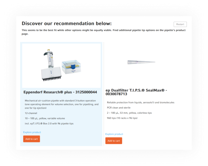 The Eppendorf Pipetting System Finder recommends suitable pipette-tip combinations.