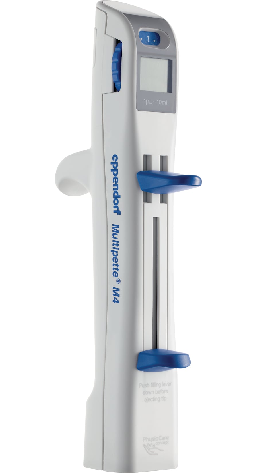Side view of the Multipette® M4 multi-dispenser pipette from Eppendorf Side view of the Multipette® M4 multi-dispenser pipette from Eppendorf