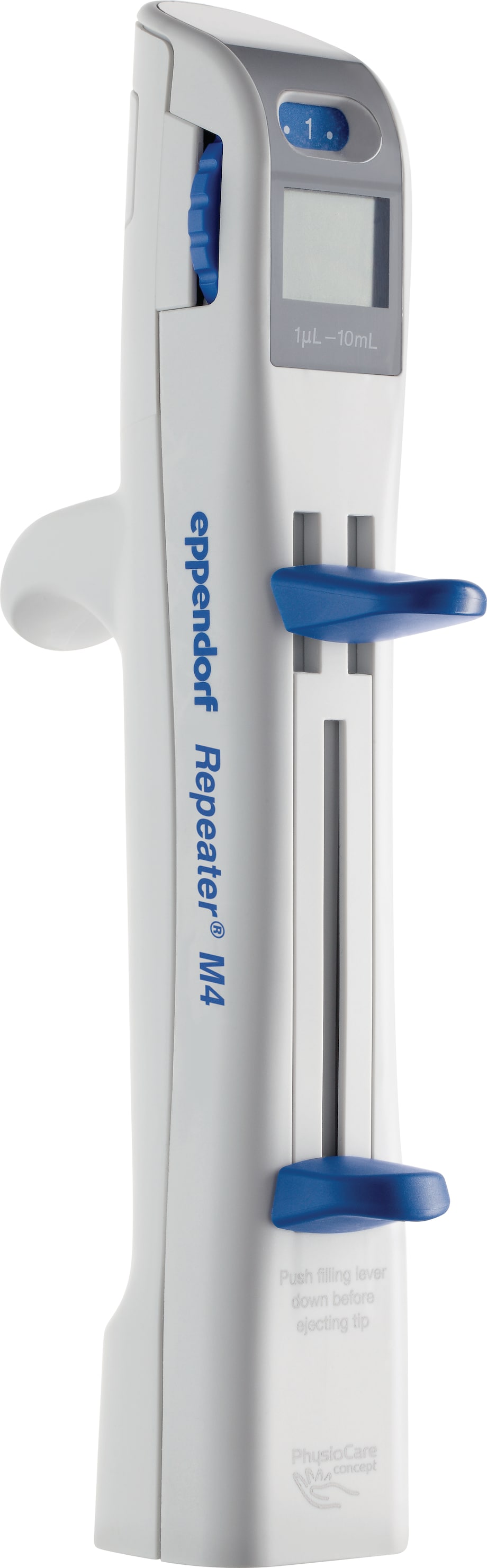Side view of the Repeater® M4 multi-dispenser pipette from Eppendorf Side view of the Repeater® M4 multi-dispenser pipette from Eppendorf