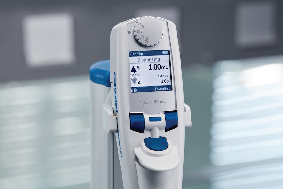 Repeater® E3 multi-dispenser pipette display with attached ViscoTip® Repeater® E3 multi-dispenser pipette display with attached ViscoTip®