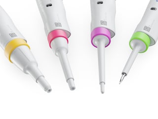 Variety of ColorTag pipette marking rings (19 mm inner diameter) on Eppendorf Research® 3 neo single-channel pipette lower parts Eppendorf ColorTag pipette accessories, designed for optimal pipette identification and customization