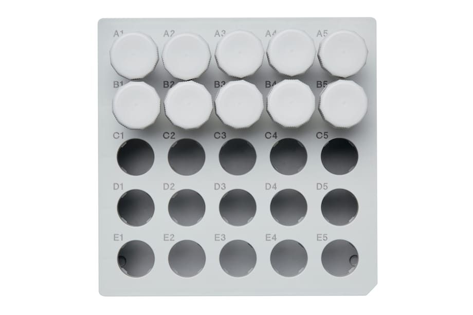 Freezer storage box - 5 mL vessels Topview on Eppendorf Storage Box for 5 mL conical tubes for storage in ULT freezers (without lid)