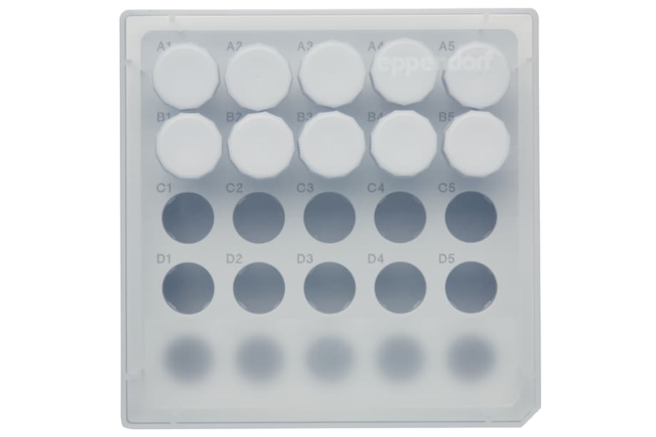 Freezer storage box - 5 mL vessels Topview on Eppendorf Storage Box for 5.0 mL vessels with screw cap for ULT frezeers