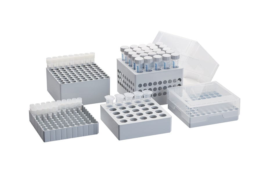 Eppendorf storage boxes for sample storage in freezers Eppendorf Freezer storage box family for 5 different tube volume classes on white background
