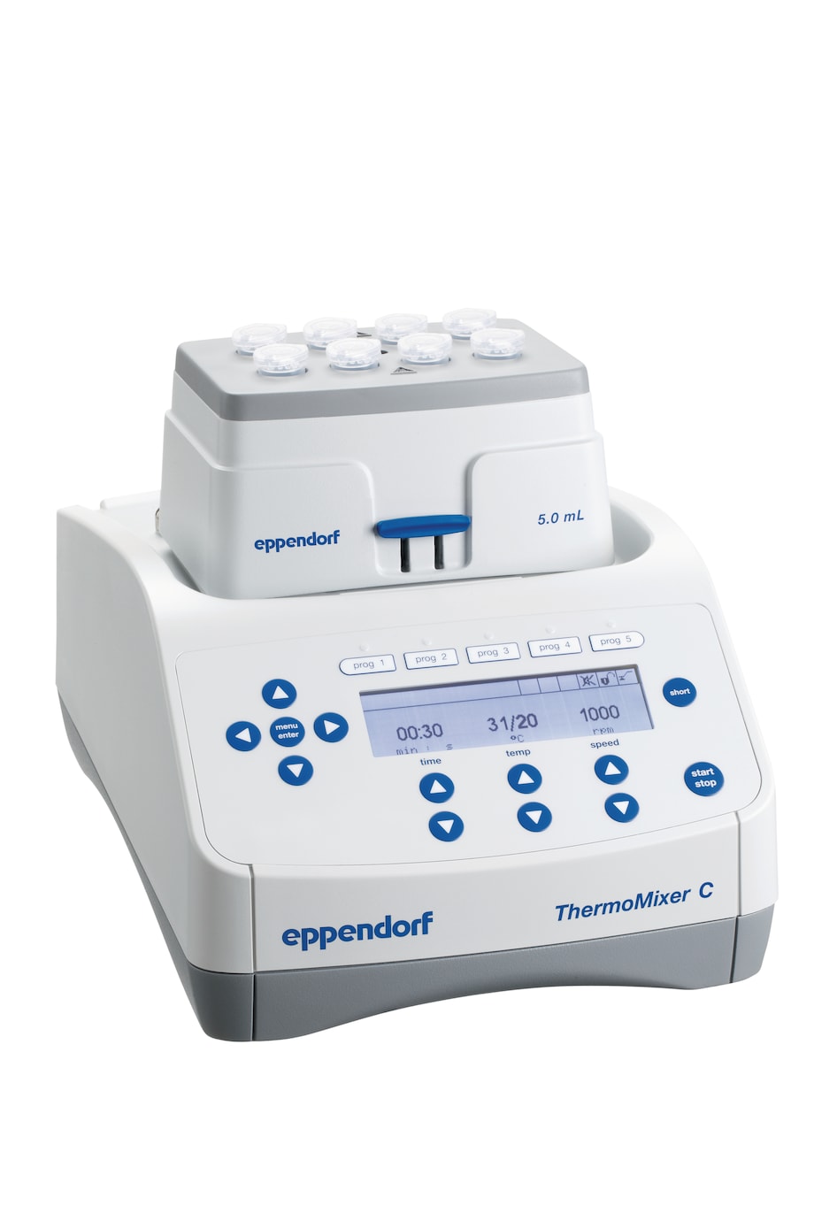 Eppendorf ThermoMixer C with 5 mL tubes An Eppendorf ThermoMixer heats/cools/shakes also larger vessels