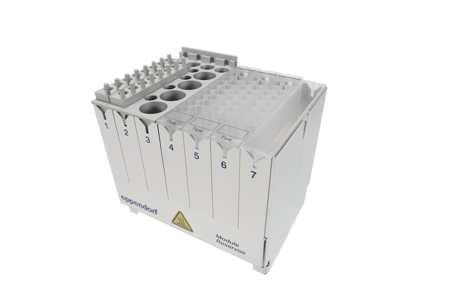 Reservoir-Rack-Module-NGS_Tip module_Liquid Reservoir, no background A flexible Reservoir Rack enables storage of tips together with consumables and reagents in epMotion liquid handling robots