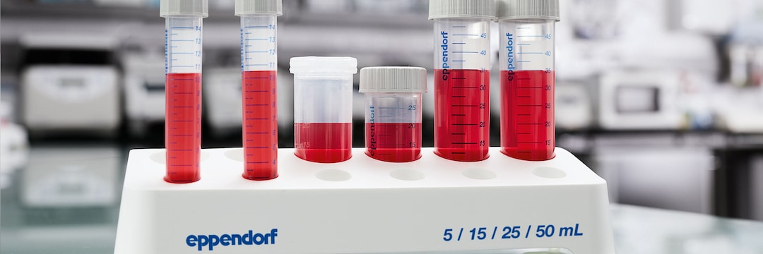 Tube Rack 5, 15, 25, 50mL Tube Rack with 5mL, 15mL, 25mL and 50mL Conical Tubes, each filled with red liquid.