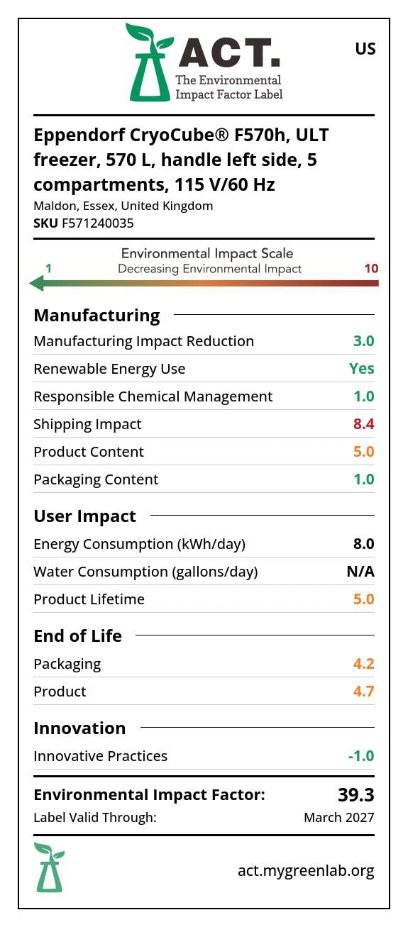 ACT certificate for sustainability score of Eppendorf CryoCube F570h ULT freezer
