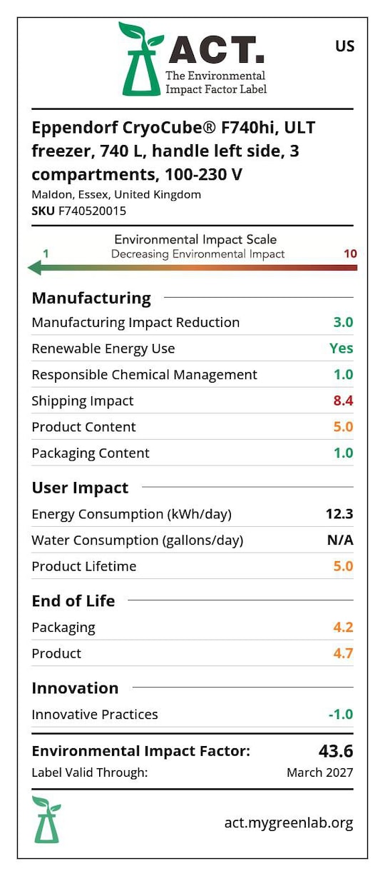 ACT certificate for sustainability score of Eppendorf CryoCube F740hi ULT freezer