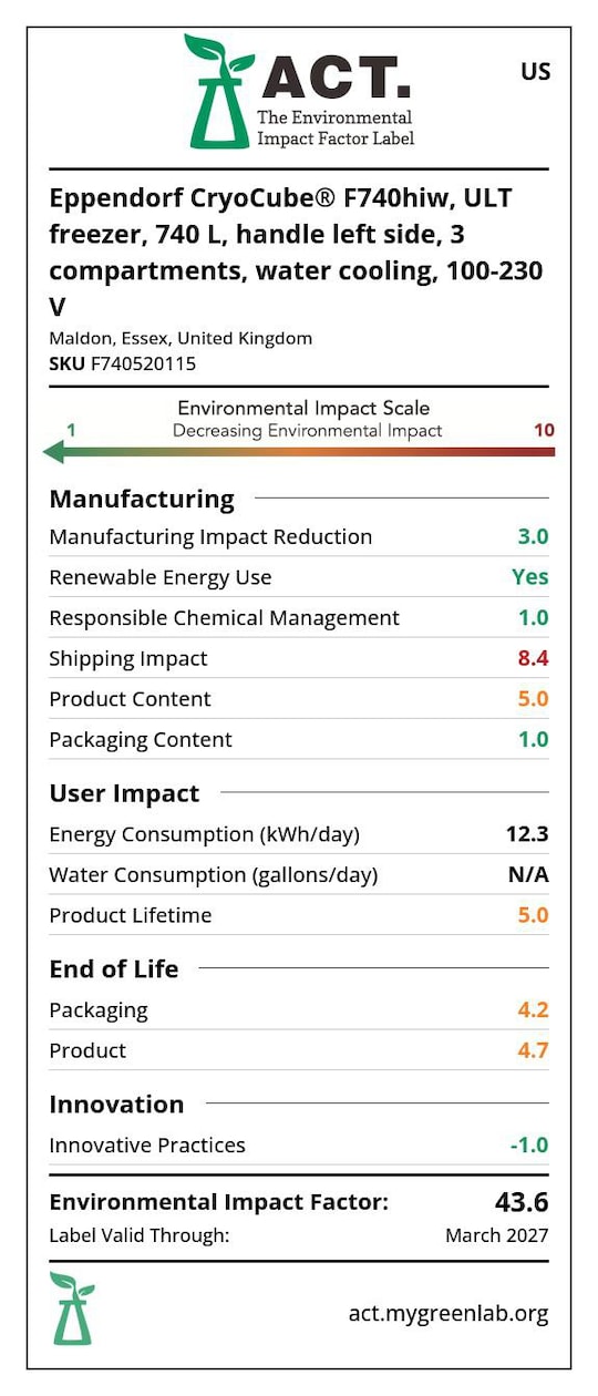ACT certificate for sustainability score of Eppendorf CryoCube F740hiw ULT freezer