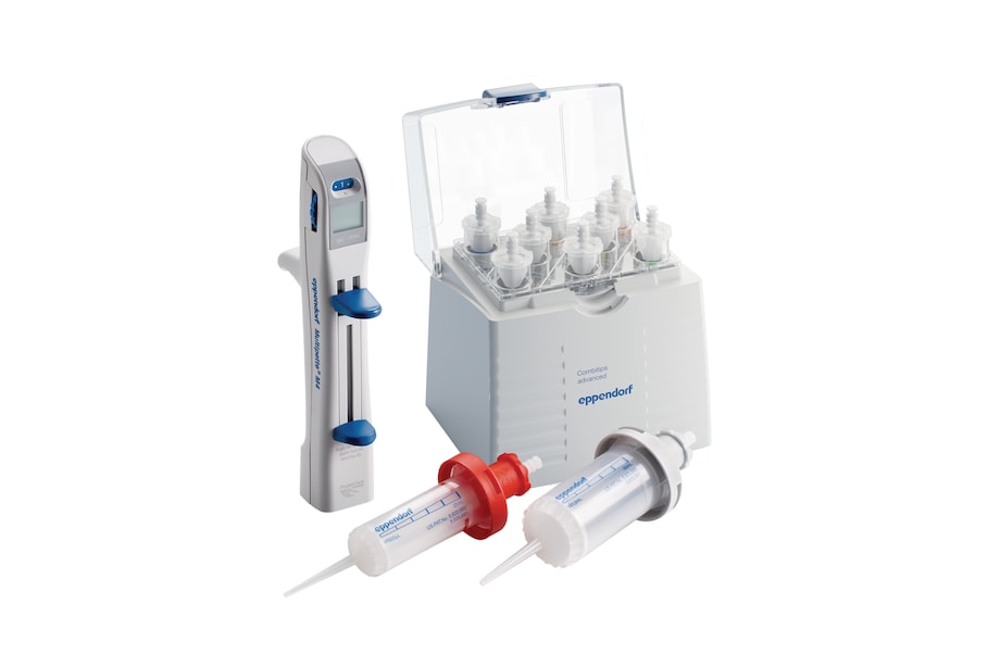 View of Multipette® M4 multi-dispenser with an assortment of fitting Combitips® advanced positive displacement pipette tips Multipette® M4 multi-dispenser with an assortment of fitting Combitips® advanced positive displacement pipette tips