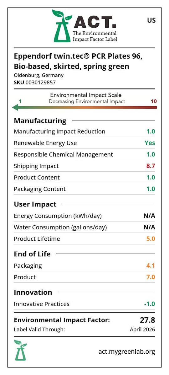 ACT label of sustainability certification for Eppendorf twin.tec PCR plate 96 (biobased) spring green