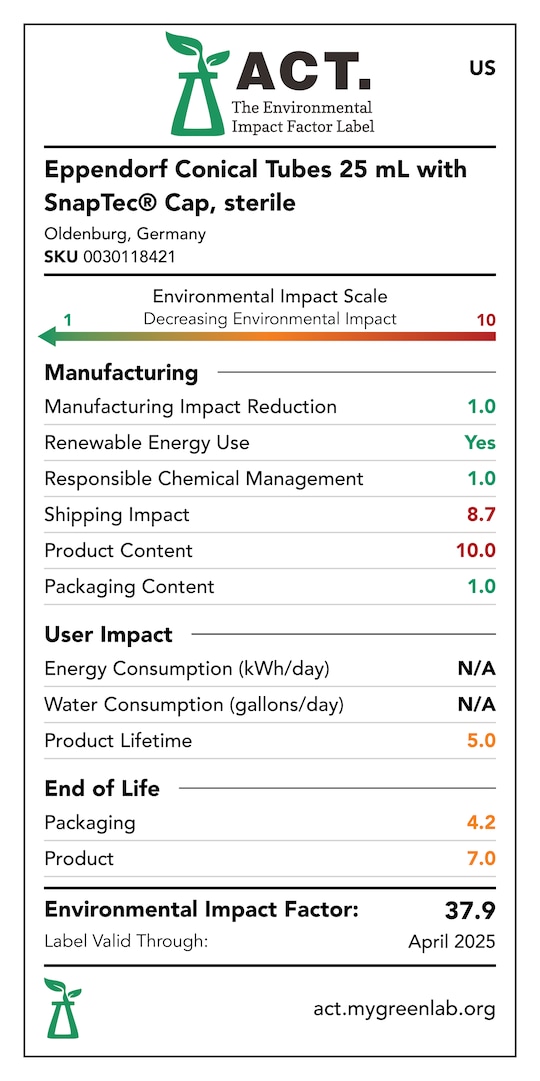 ACT label of sustainability certification for Eppendorf 25 mL conical tubes (SnapTec, sterile)